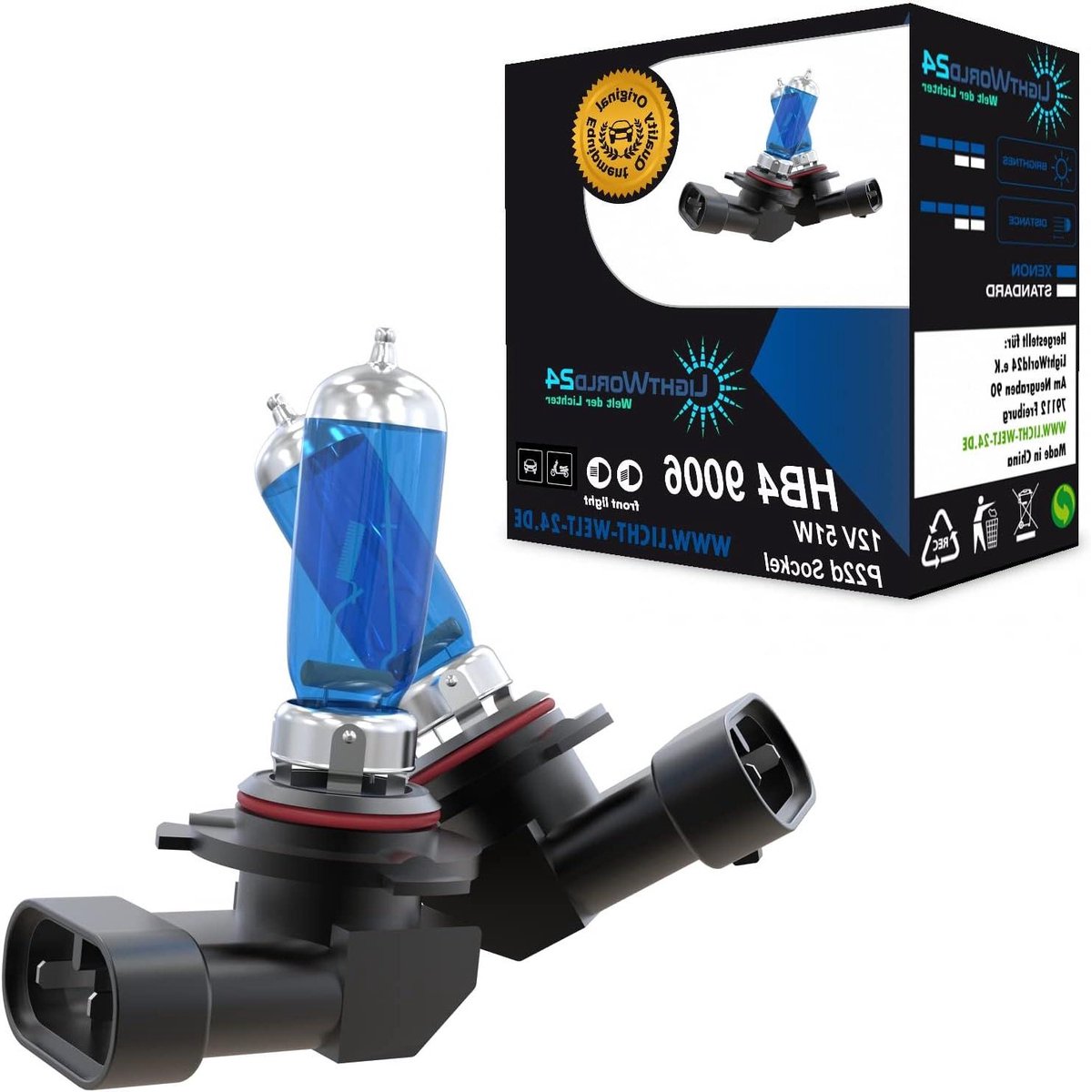 LIGHTWORLD24 HB4 9006 Halogeenlampen 12V 51W | Xenon-look Super White 6000K | P22d fitting | Voor dimlicht en mistlamp | Set van 2 stuks | Wit koud licht voor auto