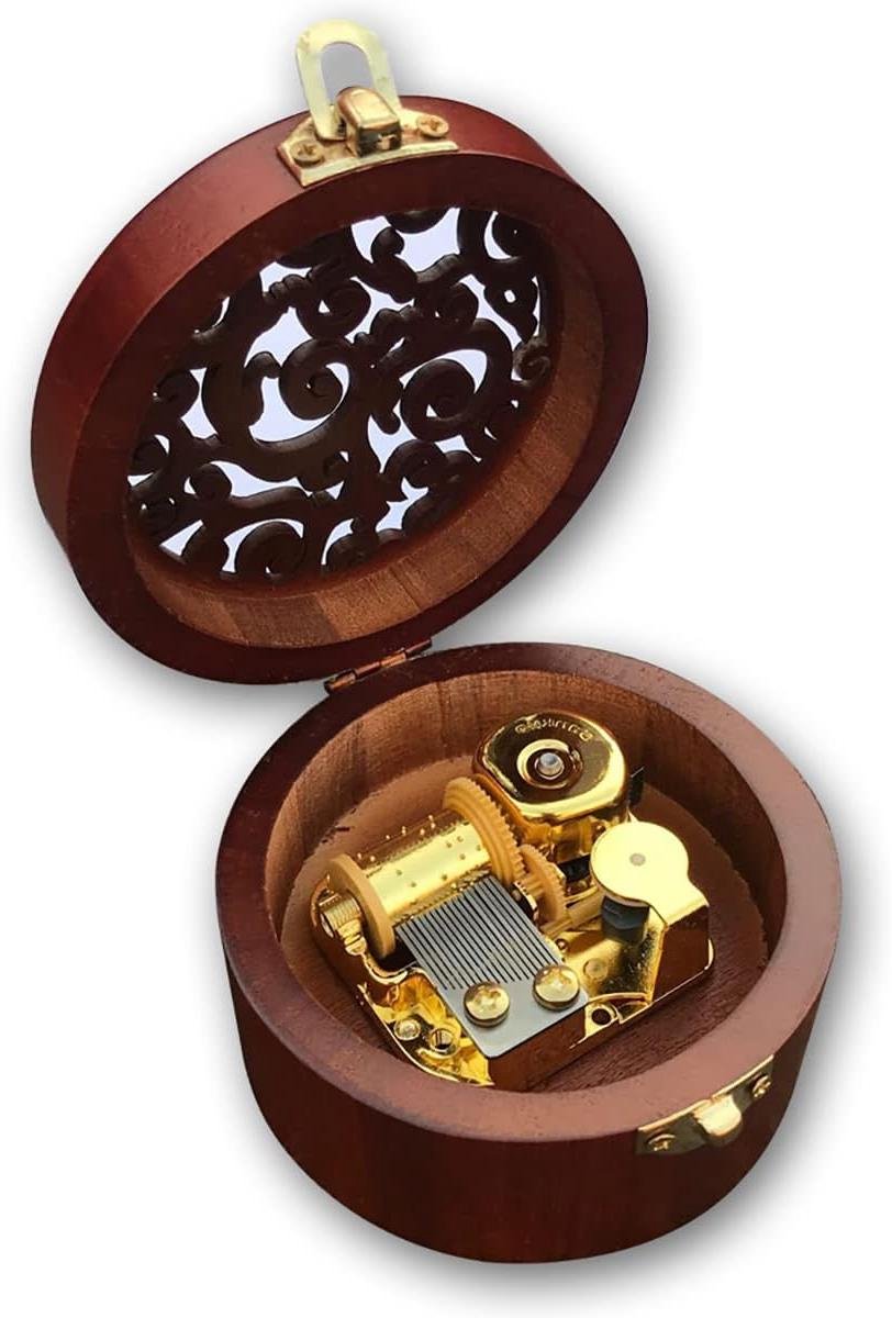 Houten Muziekdoos - Draai Speeldoos - Decoratie Woonkamer - Gouden Muziek Mechanisme - 8.4 cm Rond - Bruin