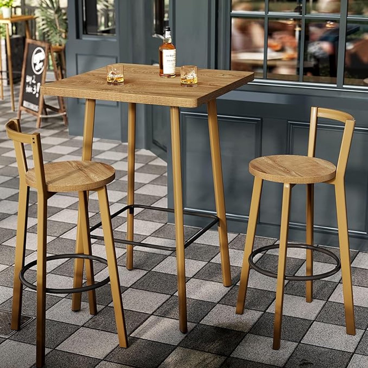 Bartafel Set 60x60x100 cm met 2 Barstoelen – Vierkante Stehtisch voor Keuken, Woonkamer, Balkon of Café – Rustieke Eikenhout Look, Met Voetsteunen – Comfortabel en Compact – Laura