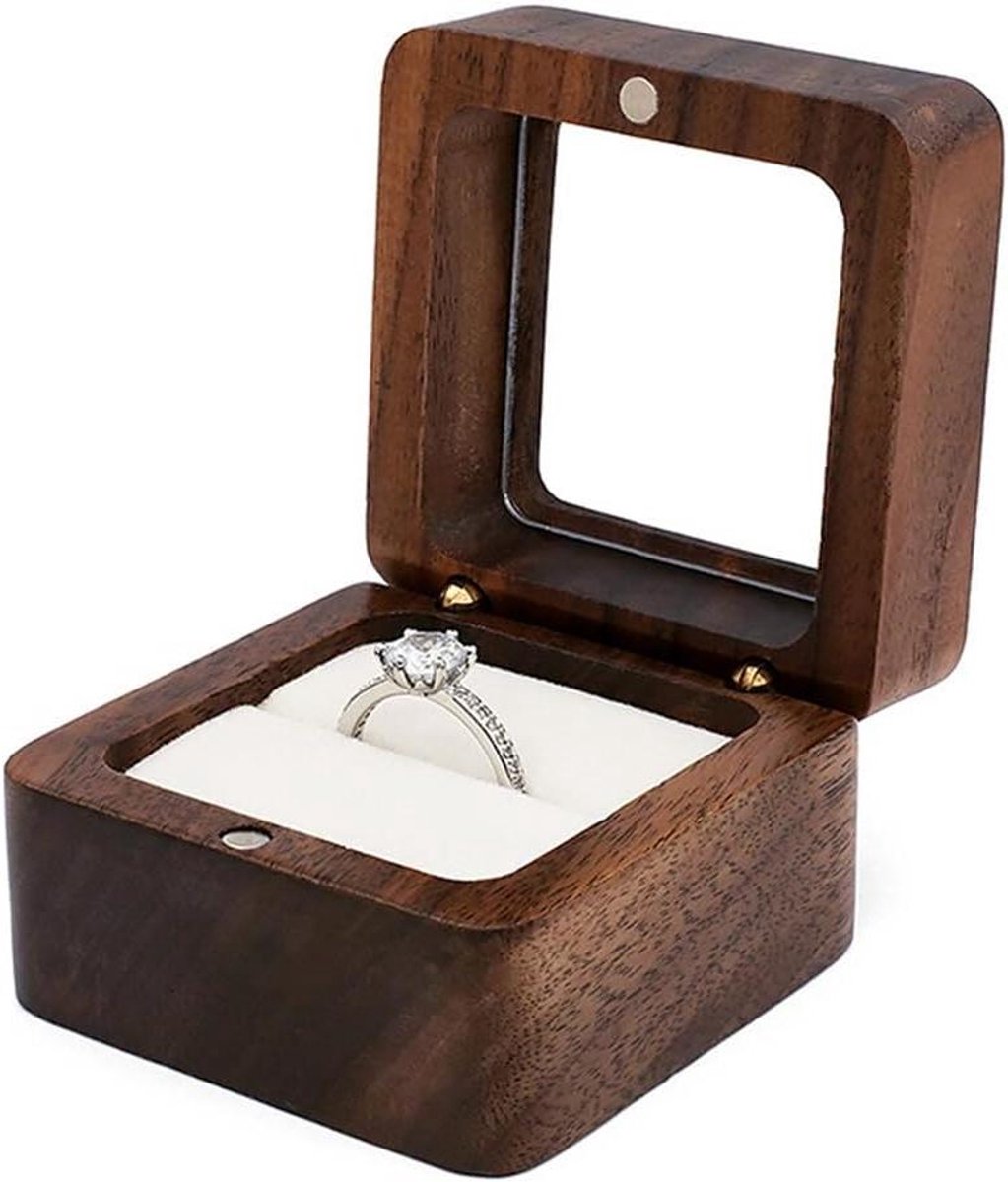 Houten Ring Doosje - Juwelendoosje Verloving Bruiloft - Sieraden Opbergen - Magnetische Sluiting - Klein Draagbaar - Walnoot