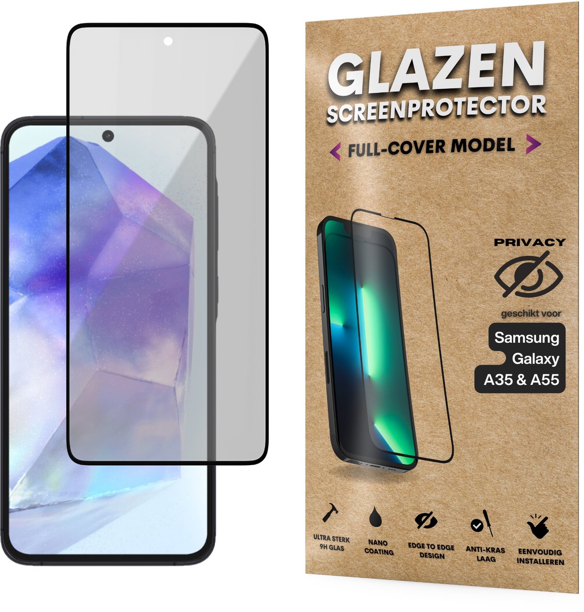 Privacy Screenprotector - Geschikt voor Samsung Galaxy A35 / A55 - Gehard Glas - Full Cover Tempered Privacy Glass - Case Friendly