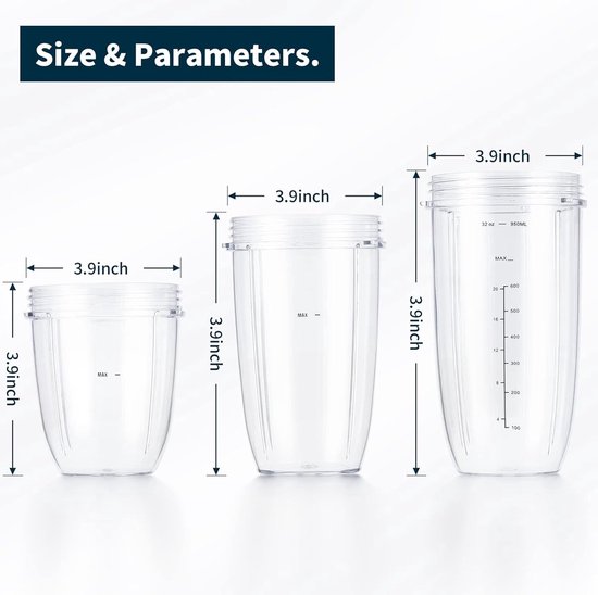 Blenderaccessoire Set (5-delig) - Geschikt voor Nutribullet 600W & 900W - 3x Vervangende Blenderbekers (16/24/32oz) - Inclusief Flip-Top Deksel & Vershouddeksel - BPA-Vrij van Merkloos — afbeelding 4