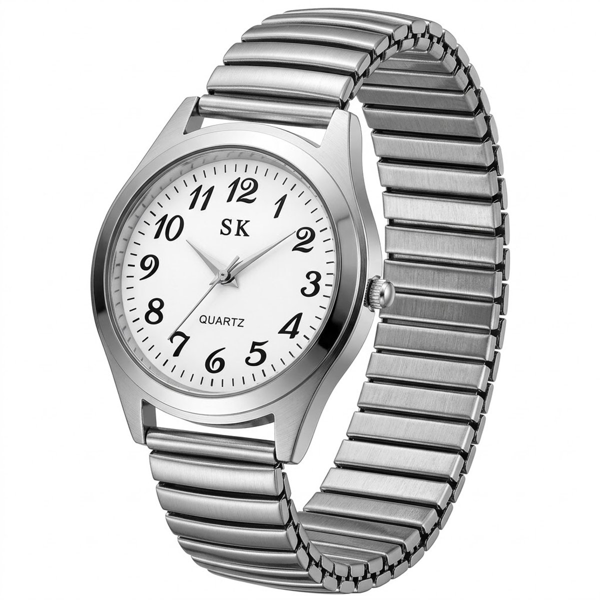 Zilverkleurig analoog horloge dames - ronde witte wijzerplaat met duidelijke cijfers - elastische schakelband in zilverkleur - quartz horloge