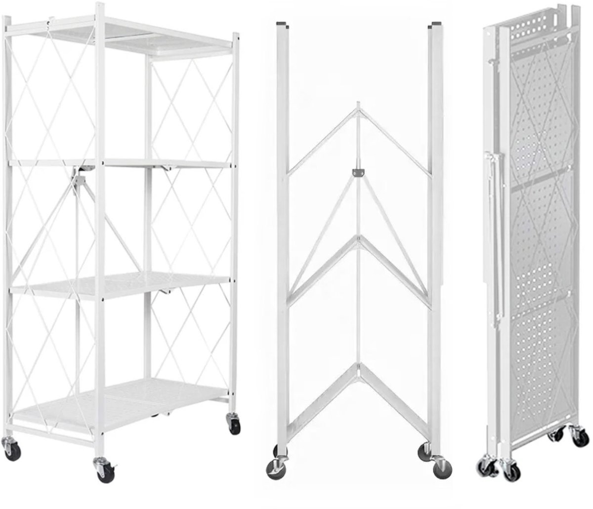 FOXSPORT Inklapbare plank kast - Stellingkast Met 360° wielen - 4 laags 72x37x124CM - Open Vakkenkast - Wandkast - Keuken Organizer - Keuken Opslag - Boekenkast - Opbergrek Magnetron - Keukenrek - Roestvrij Staal