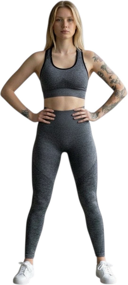 Mives® Sportlegging en Top - Fitness set - Scrunch Butt - High Waist - GRIJS - Maat S