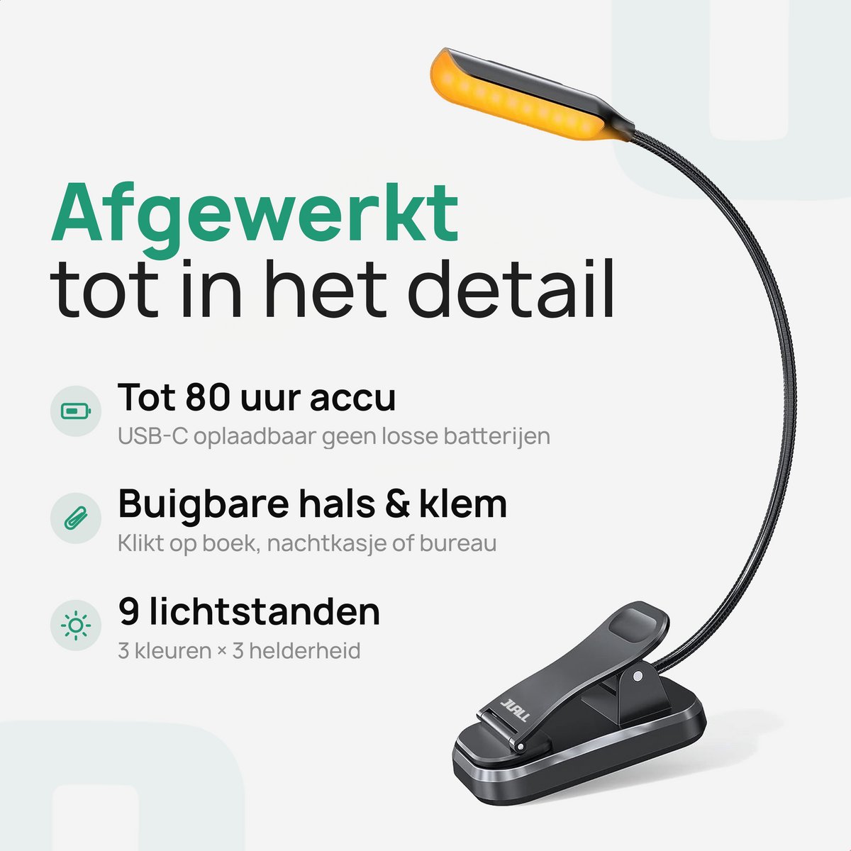 JUALL LED Leeslampje voor Boek - 9 Lichtstanden - Oplaadbaar Leeslampje voor in Bed - Boeklampje - Leeslampje met Klem - Bedlampje - Zwart — cadeau in Gadgets - foto 2
