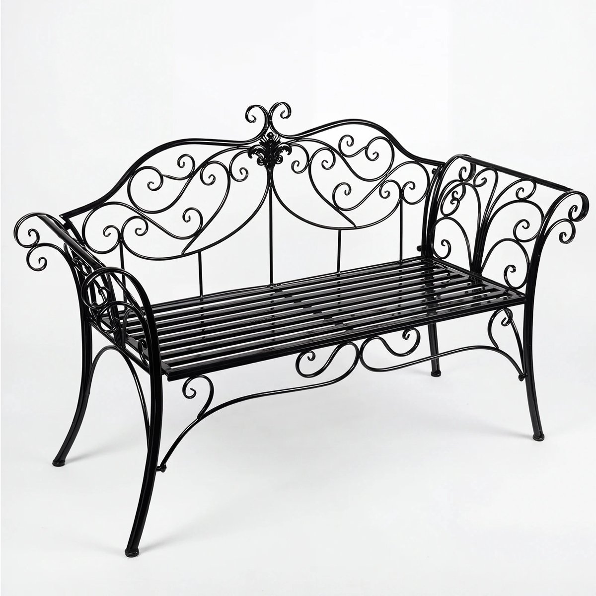 Turold Tuinbank - Smeedijzeren Tuinbank - Buitenbank - Balkonbank - Smeedijzer, Decoratief, 133x90x49cm, Zwart en Roestbestendig