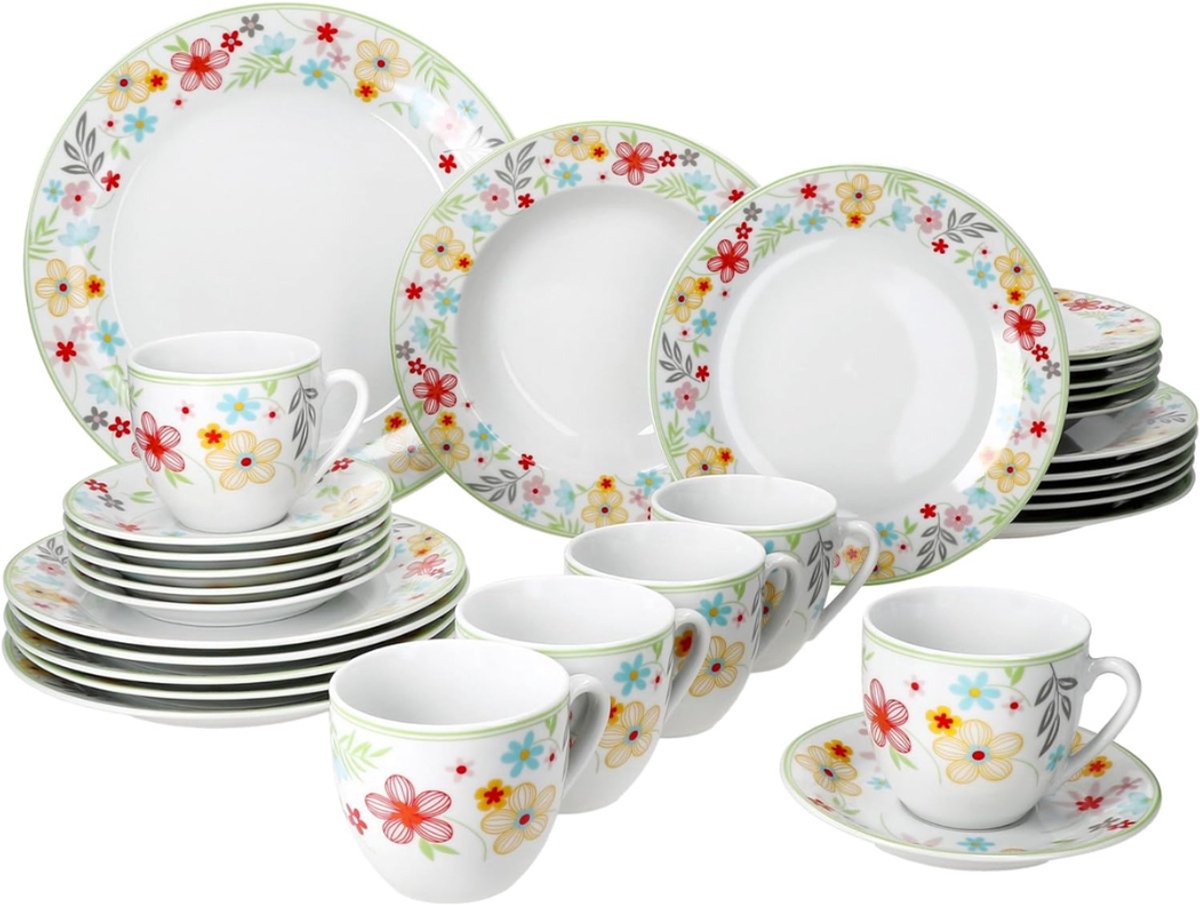 QIN® Serviesset 30 Delig - 6 Persoons - Compleet Servies - Porseleinen - Bloemen - 27cm x 22cm x 15cm