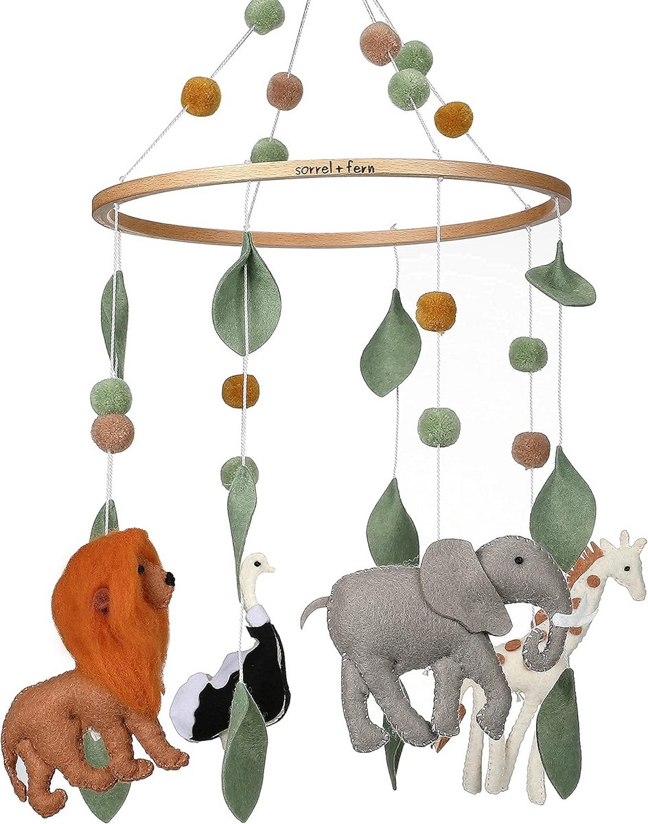 Babybed Mobiel - Kinderkamer Decoratie - Babykamer Aankleden - Handgestikte Vilten Dieren - 19 Inch Hangend - Natuurlijke Kleuren