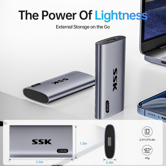 Externe SSD - Draagbare Opslag - Bestanden Overzetten - Ultrasnelle USB3.2 - 128 GB - Grijs — afbeelding 4