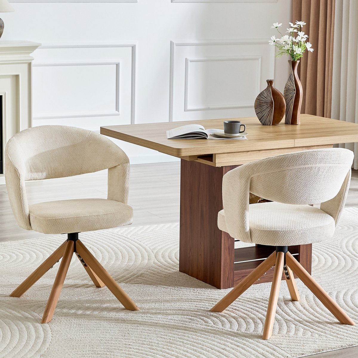 OKWISH Eetkamerstoel Set Van 2 81,5 Cm - 360 Graden Draaibaar - Voor Eetkamer En Woonkamer - Stof En Hout - Crèmewit Crèmewit, Houtkleur