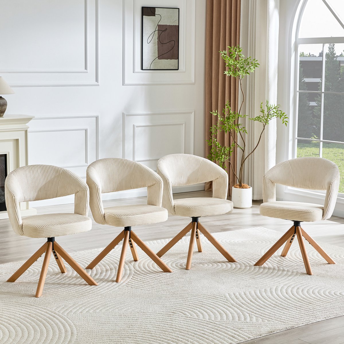 MIVRAY Eetkamerstoel 2-delige Set - 360 Graden Draaibaar Met Ergonomische Rugleuning - Eetkamer - Cord Crèmewit Crèmewit, Houtkleur