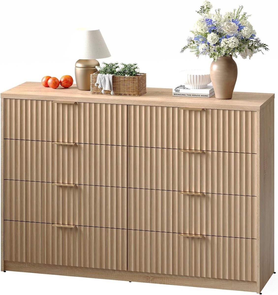 Ladekast met 8 Laden – Modern Kleur hout Dressoir met Geribbelde Fronten – Commode met Platina Accenten – Kast voor Slaapkamer, Woonkamer en Hal