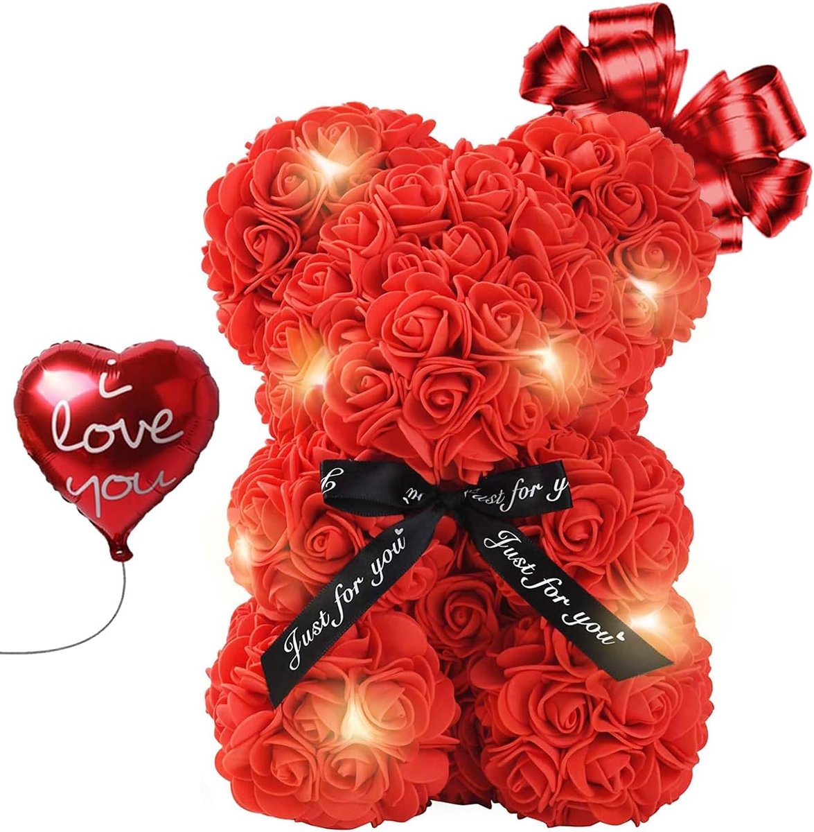 Rozenbeer met Ballon - Decoratie beer - Romantisch cadeau - Met LED verlichting - 25 cm - Rood