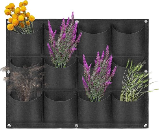 Zwarte plantenbak van vilt met 12 vakken, gevuld met gele bloemen, paarse lavendel, gedroogde grassen en groen gras.