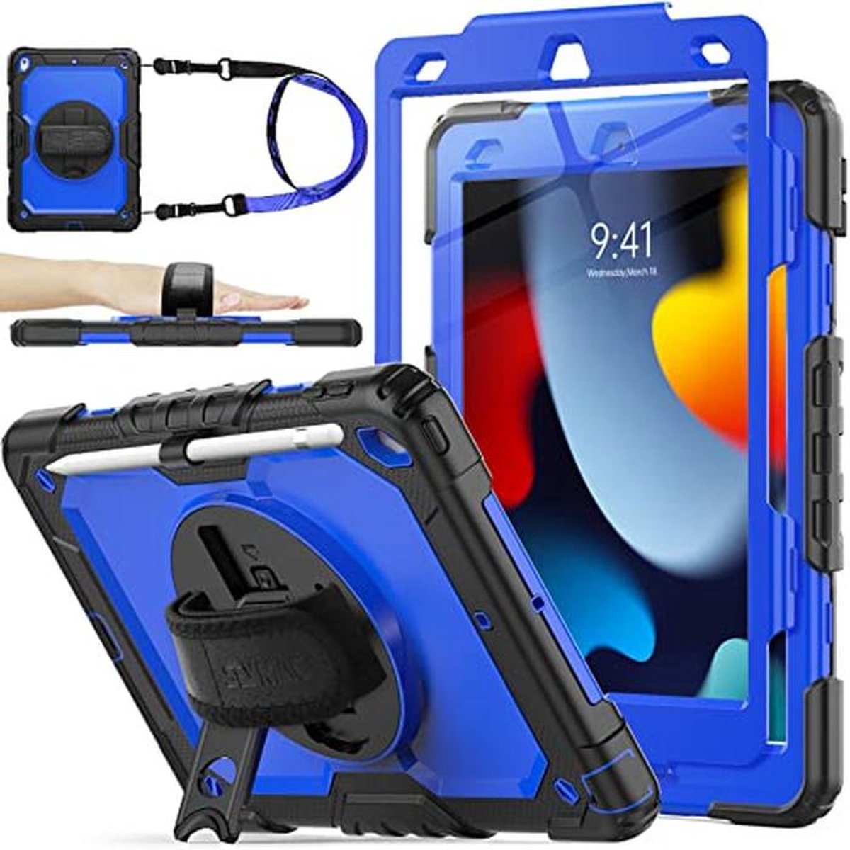 iPad Hoes - Beschermhoes Tablet - Veilig Transport - 360 Roterende Handgreep - 102 Inch - Blauw Zwart