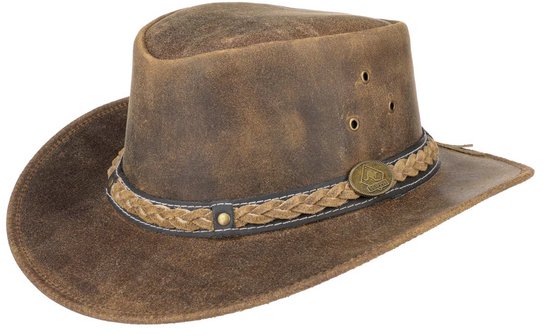 Bruine lederen westernhoed met gevlochten band en kangoeroe-embleem, zijaanzicht.