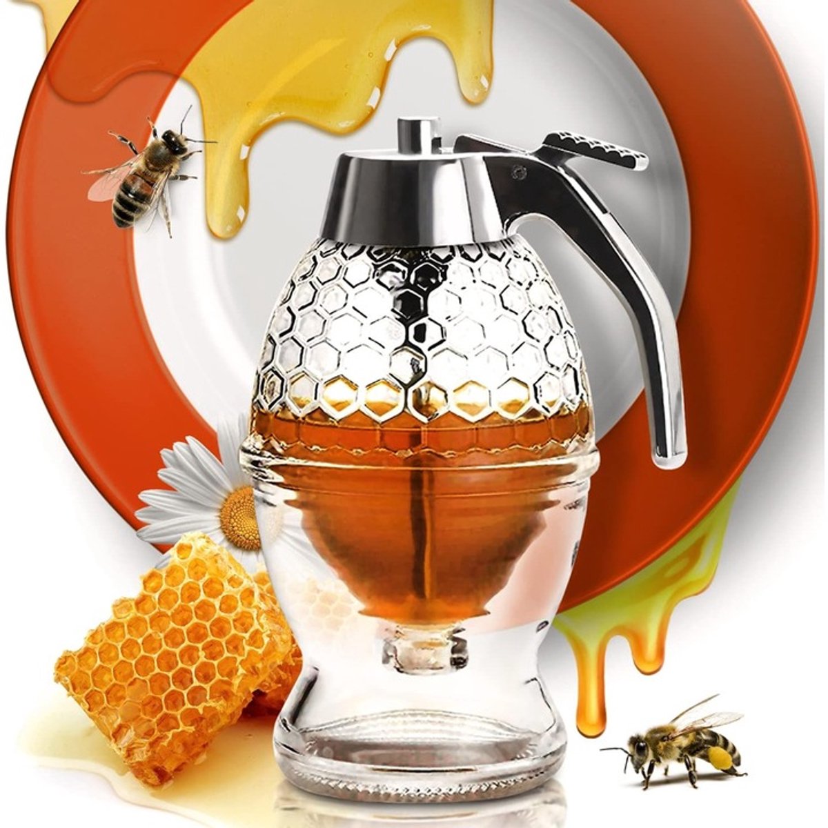 Honing dispenser - Siroop dispenser - TENZHVXI® - 200 ml - Roestvrijstalen voet en deksel - 15 * 10 * 8.3 cm - Draagbaar - Transparant met honingraatpatroon - Druppelvrij - Transparant/zilver