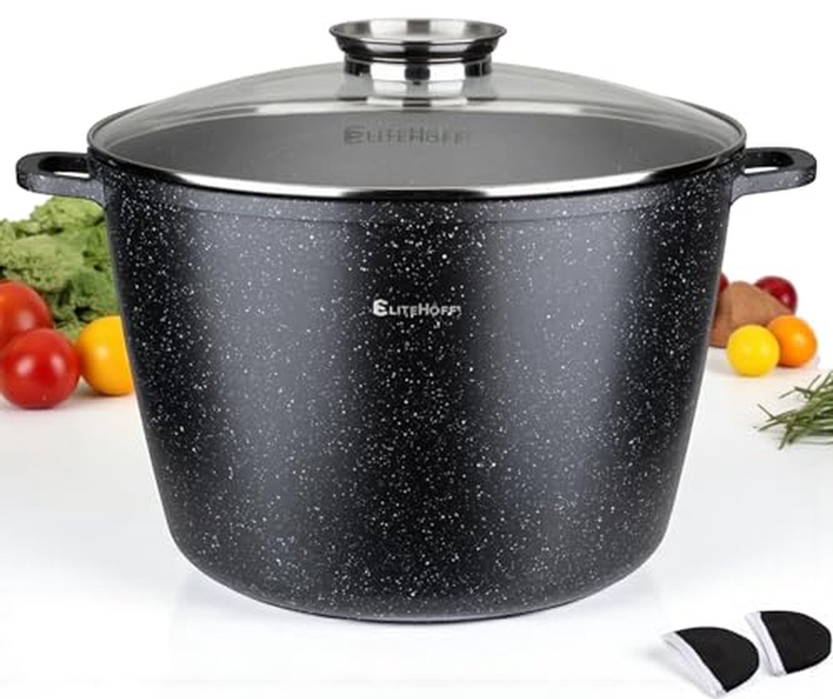 Marmeren Soeppan - Gegoten Aluminium Pan - Gezond Koken - Aroma Dispenser Deksel - 15L Ø 32 cm - Zwart