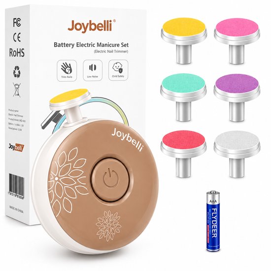 Joybelli® elektrische nageltrimmer set met 6 opzetstukken, AAA-batterij en verpakking.