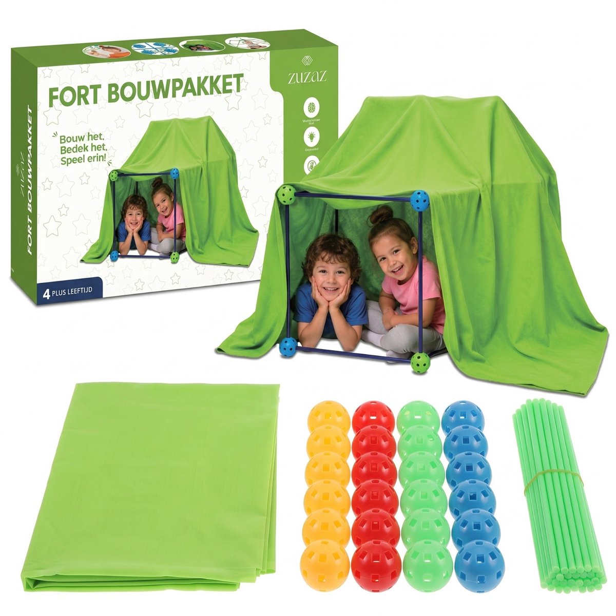 ZUZAZ® Fort Bouwpakket Kinderen – Educatief DIY Speelgoed – Creatieve Tent en Kasteel Bouwset met 130 Onderdelen – Lichtgevend Fort Speelgoed – Constructie Bouwset Unisex – STEM Bouwspeelgoed