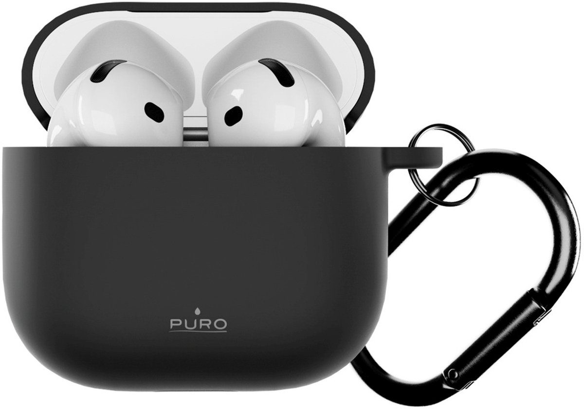 Puro Icon Serie - AirPods 4 Hoesje - Zwart - Silicone - Inclusief Karabijnhaak