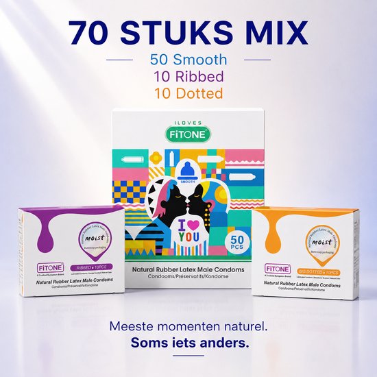 Mix van 70 FiTONE condooms: 50 glad, 10 ribbels, 10 noppen. De doos van 50 is centraal, met kleinere dozen ernaast.