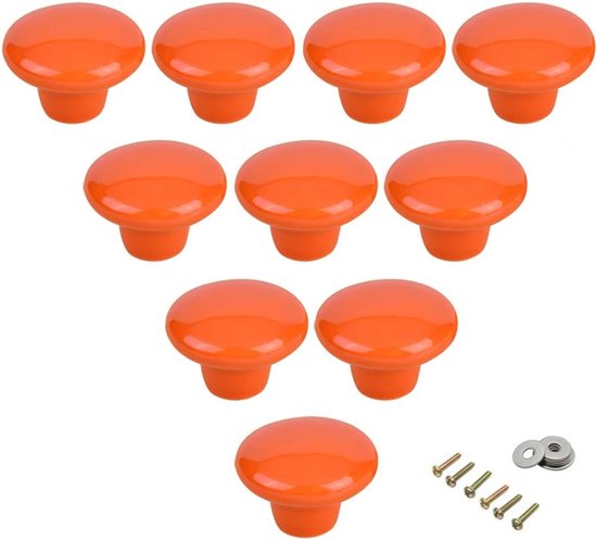 Dix boutons ronds en céramique orange uni, vis et rondelles inclus.