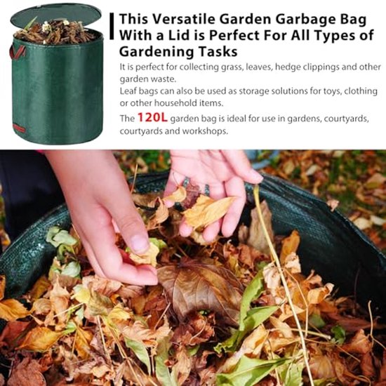 Set van 3 Tuinafvalzakken met Deksel - 120 Liter - Vouwbare Groene Zak voor Gras, Bladeren, Heggen en Tuinafval van Merkloos	 — afbeelding 4