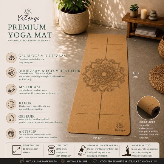 Bruine kurken yogamat met mandala-print, 183 cm x 66 cm x 0.4 cm. Kenmerken: geurloos, duurzaam, eco-vriendelijk, antislip.
