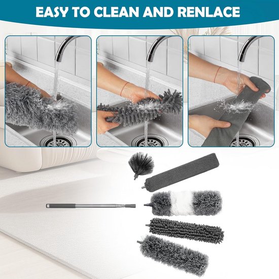 Telescoop Stofdoek Set - Uitschuifbare Plumeau - Hoge Oppervlakken Reinigen - 12 Delige Kit - Tot 245 cm - Zwart — afbeelding 5