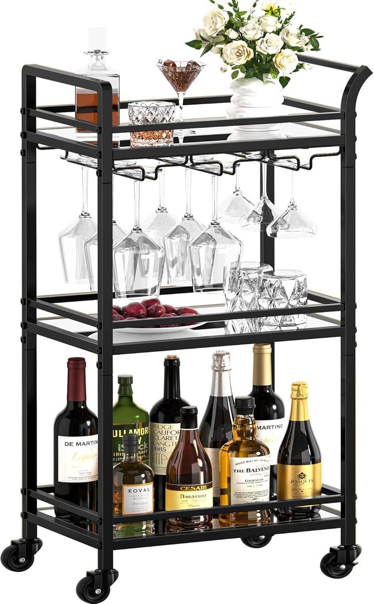 Serveertrolley - Barwagen drankwagen - Drankjes serveren - Met wijnglashouders - 91 cm hoog - Goud