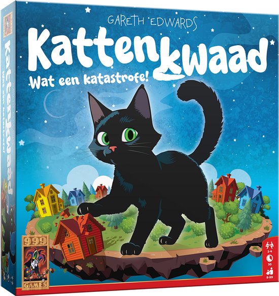 Doos van het spel Kattenkwaad met een grote zwarte kat en huizen die omvallen. Gareth Edwards.