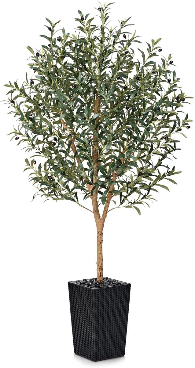 Kunstmatige Olijfboom 180 cm - UV-bestendig voor binnen en buiten - Kunstplant in zwarte gevlochten pot