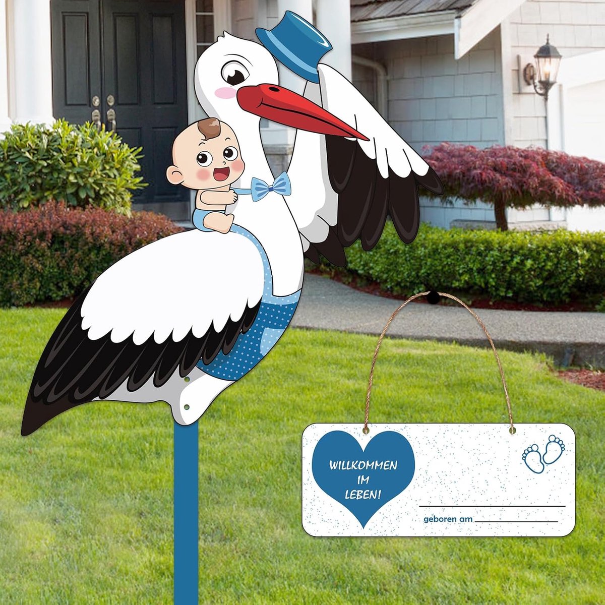 Houten Ooievaar - Geboorte Decoratie - Baby Aankondiging - Dubbelzijdig Bedrukt - 100 cm Hoog - Blauw