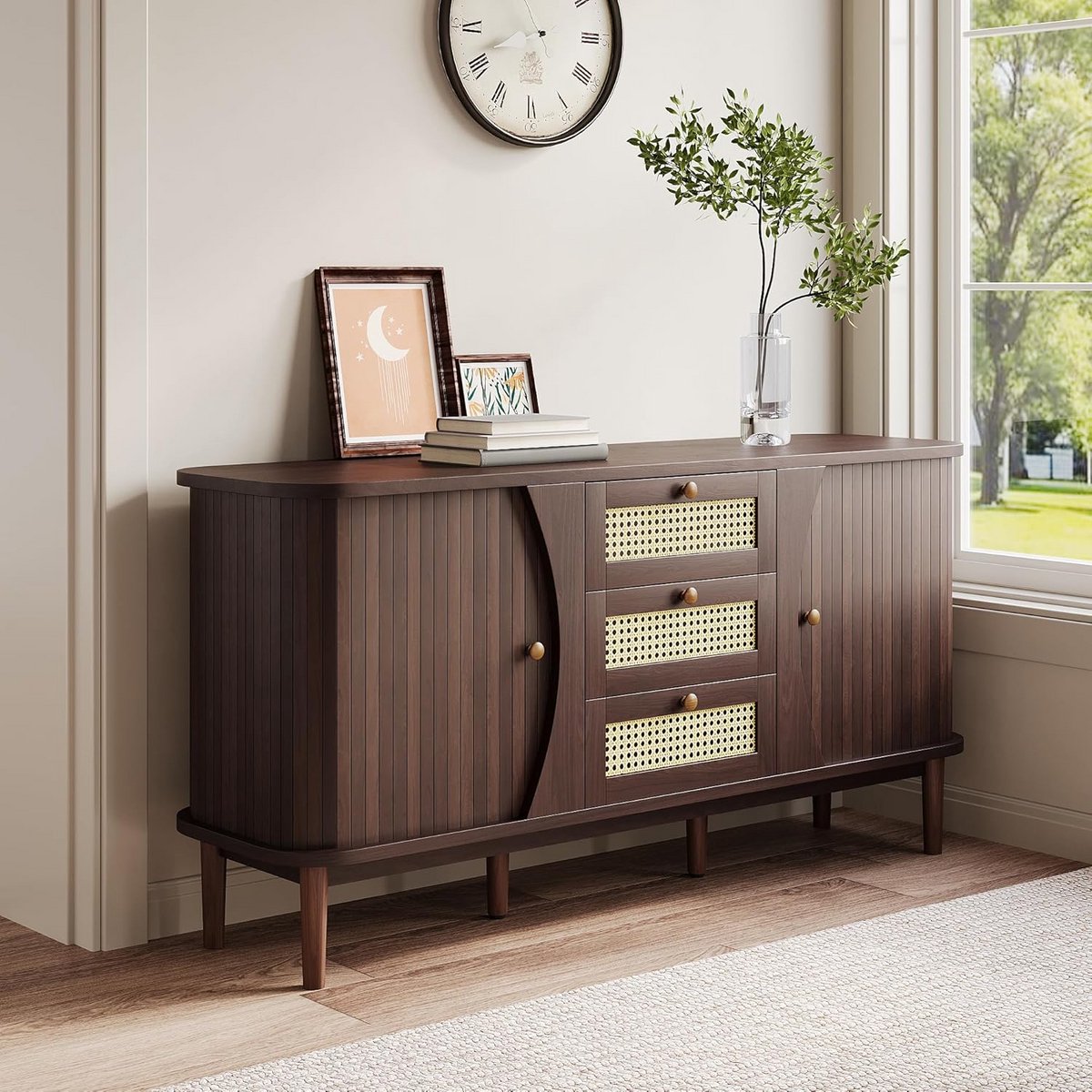 Dressoir met laden - Opbergkast buffetkast - Woonkamer organiseren - Rotan en hout design - 140 cm breed - Walnootkleur