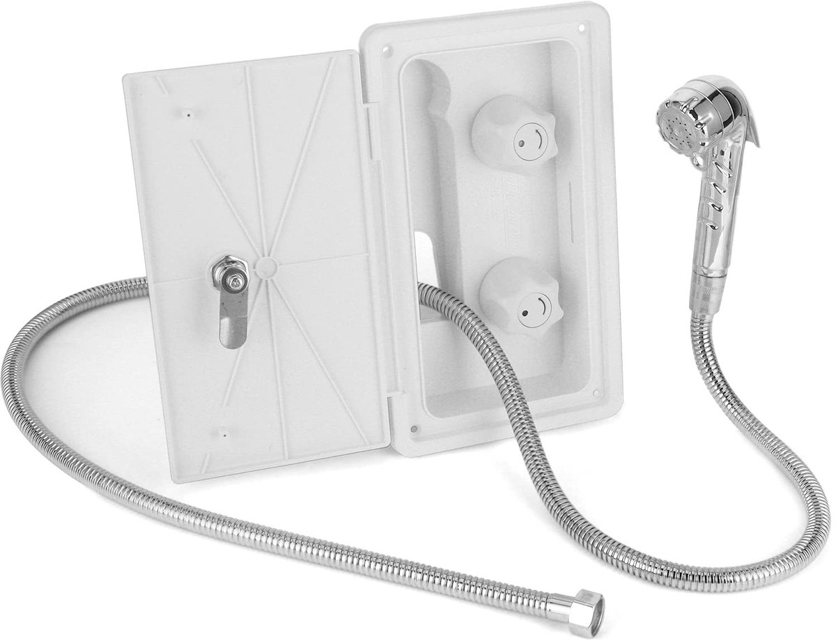 Dailygoods- Douchecabineset voor camper - Warm/koud water - Dubbel ventiel - Douchekop - Metalen slang 1,5 m - ABS/roestvrij staal - Buitendouche