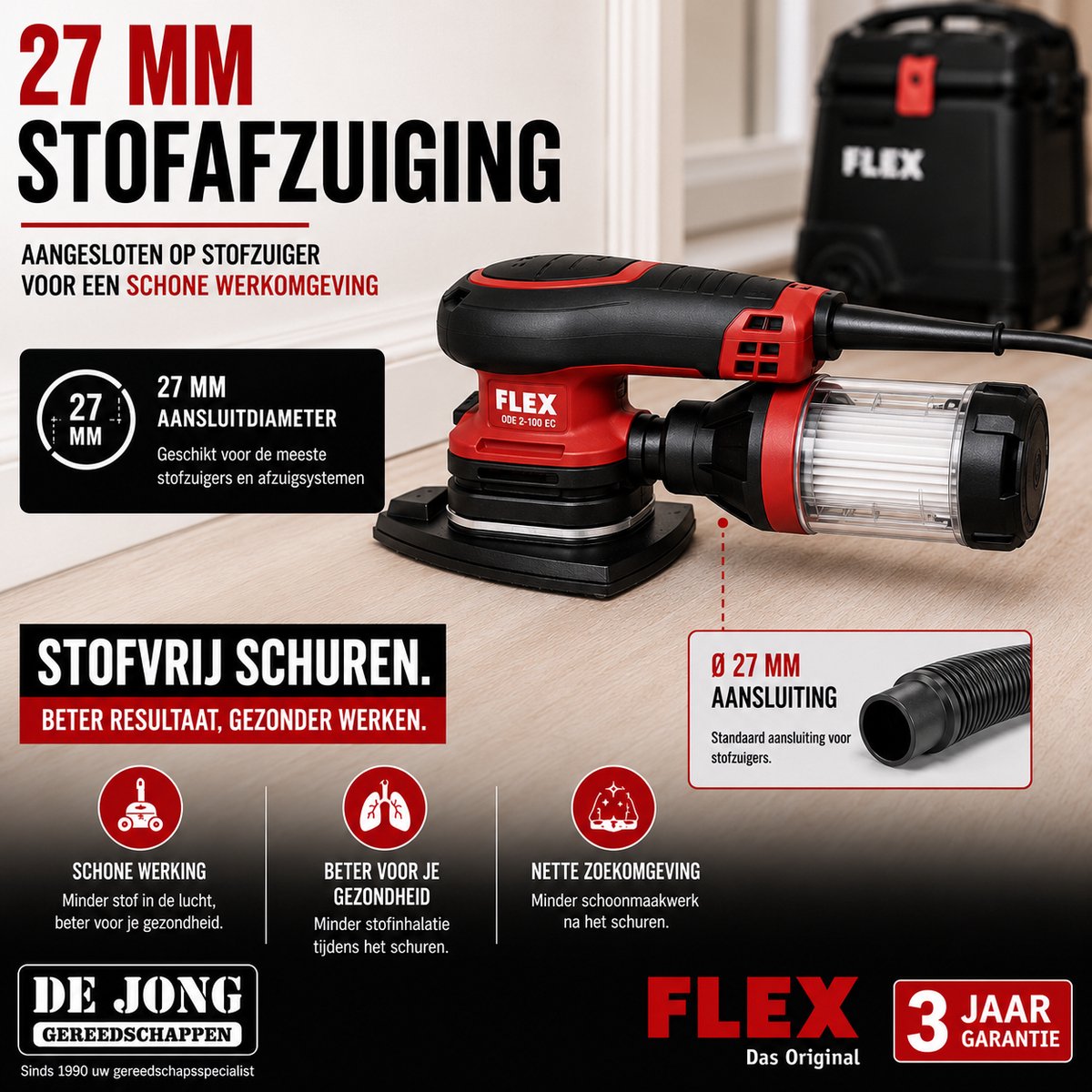 FLEX ODE 2-100 Delta Schuurmachine - Koolborstelloos - Met stofafzuiging - Excentrisch roterend - Lichtgewicht behuizing - Regelbaar toerental - Klittenband schuurpad - Zachte aanloop - Herstartbeveiliging – foto 5