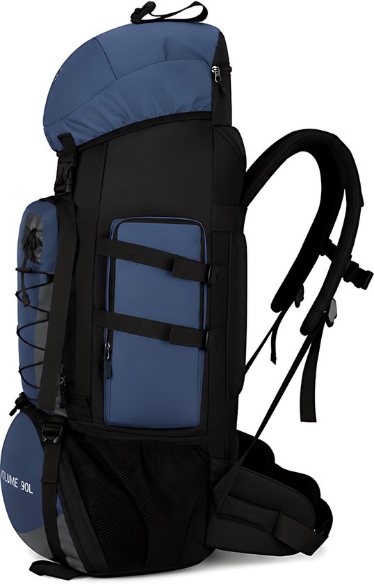 Blauwe en zwarte 90L trekkingrugzak met verschillende compartimenten en compressiebanden.