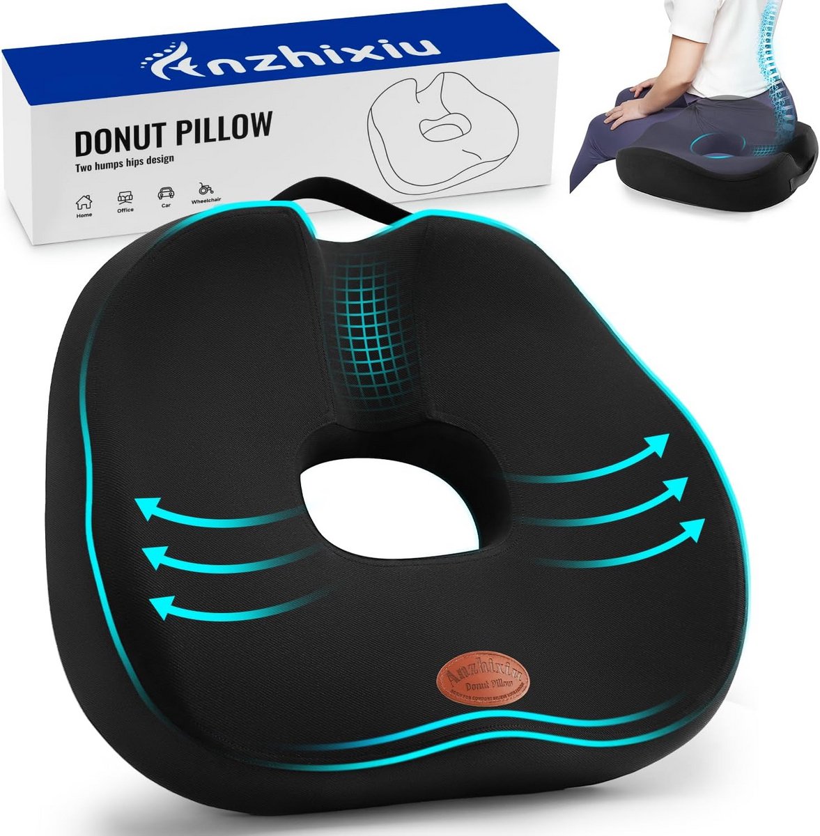 Donut Kussen - Zitzak Kussen - Comfortabel Zitten - Heupcurve Ontwerp - 43.9 x 41.9 cm - Zwart