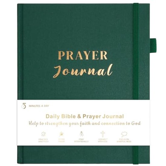 Donkergroen gebedsdagboek met gouden 'Prayer Journal' op de voorkant.