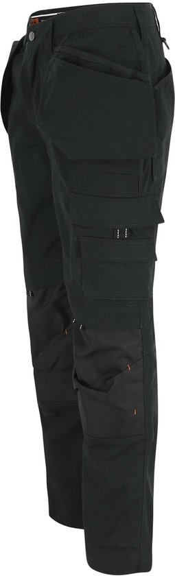 Zwarte werkbroek, opengewerkt, met opgestikte zakken en oranje accenten.