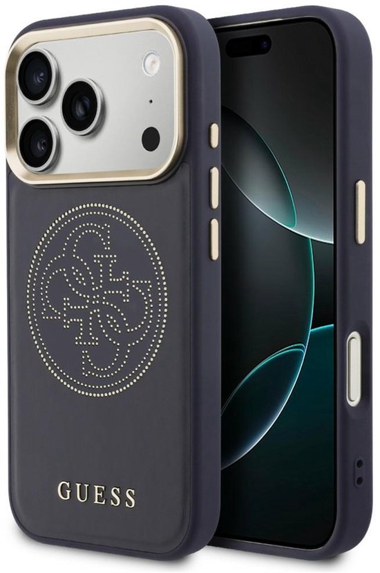 Coque bleu foncé à côté d'un téléphone, avec logo 4G doré en pointillés, contour d'appareil photo doré et logo GUESS.