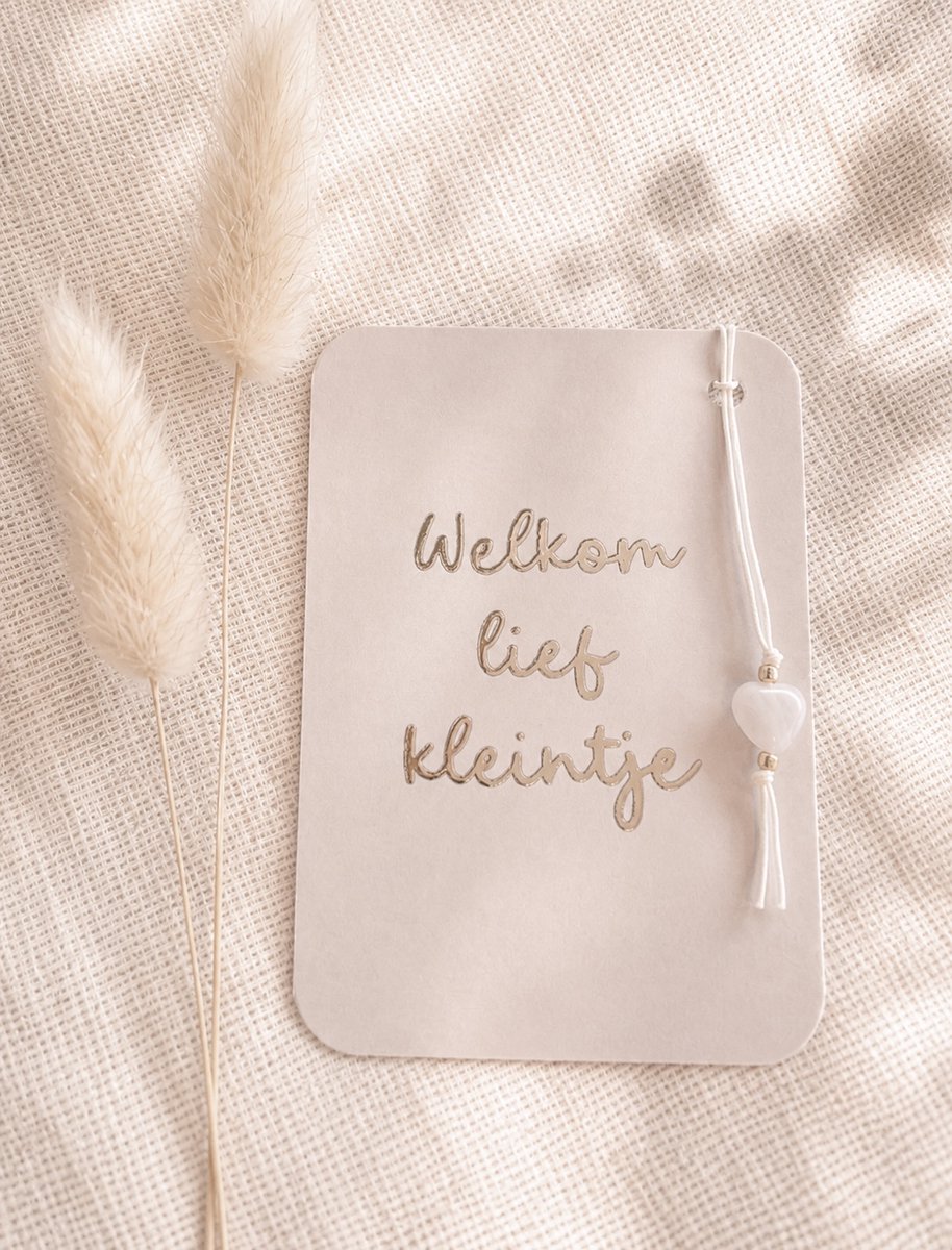 Kaartje goudfolie 'Welkom lief kleintje' met Rozekwarts edelsteenhanger - Kraamcadeautje - Kraamcadeau tip - Baby cadeau - New born - Baby's