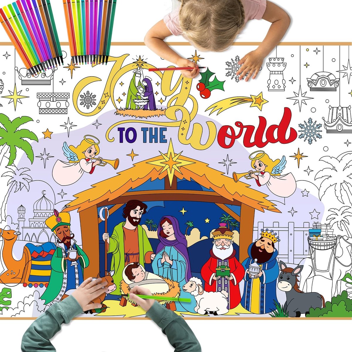 Dailygoods- Kleurplaten Gigantisch 47 x 33 Inch - Kleurposter Kerststal - Verfpennen - Educatief Speelgoed - Creatieve Activiteit - Interactief Gezinsplezier