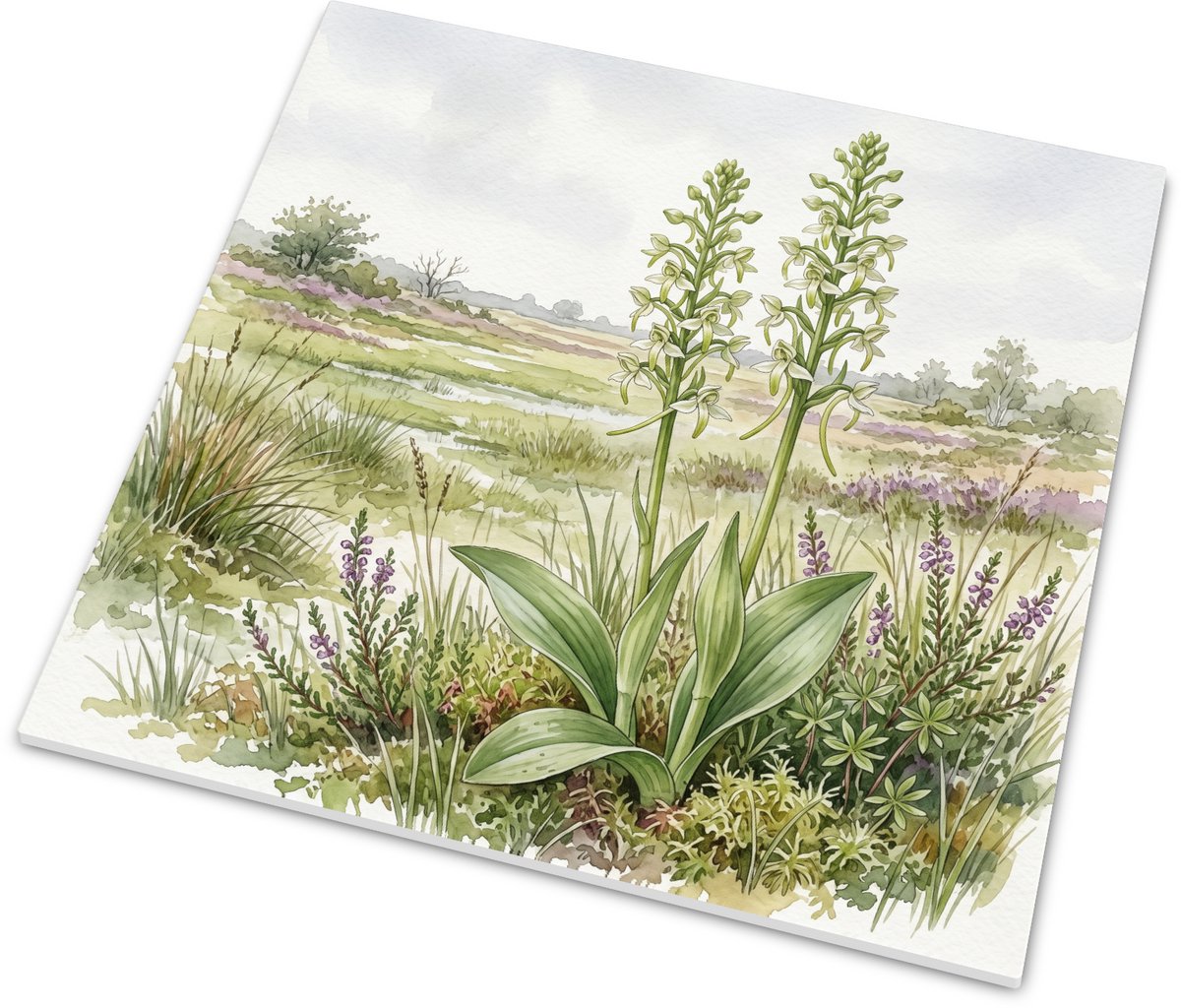 Tegeltje met Welriekende Nachtorchis Platanthera bifolia - Aquarel van Wilde Orchideeën in