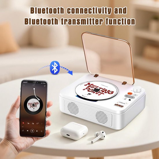 Draagbare cd-speler met Bluetooth, 2600mAh-batterij, USB- en AUX-ingang, twee 3W-luidsprekers en afstandsbediening - ideaal voor senioren, een nostalgisch cadeau of voor een thuisfeestje (wit) — afbeelding 3