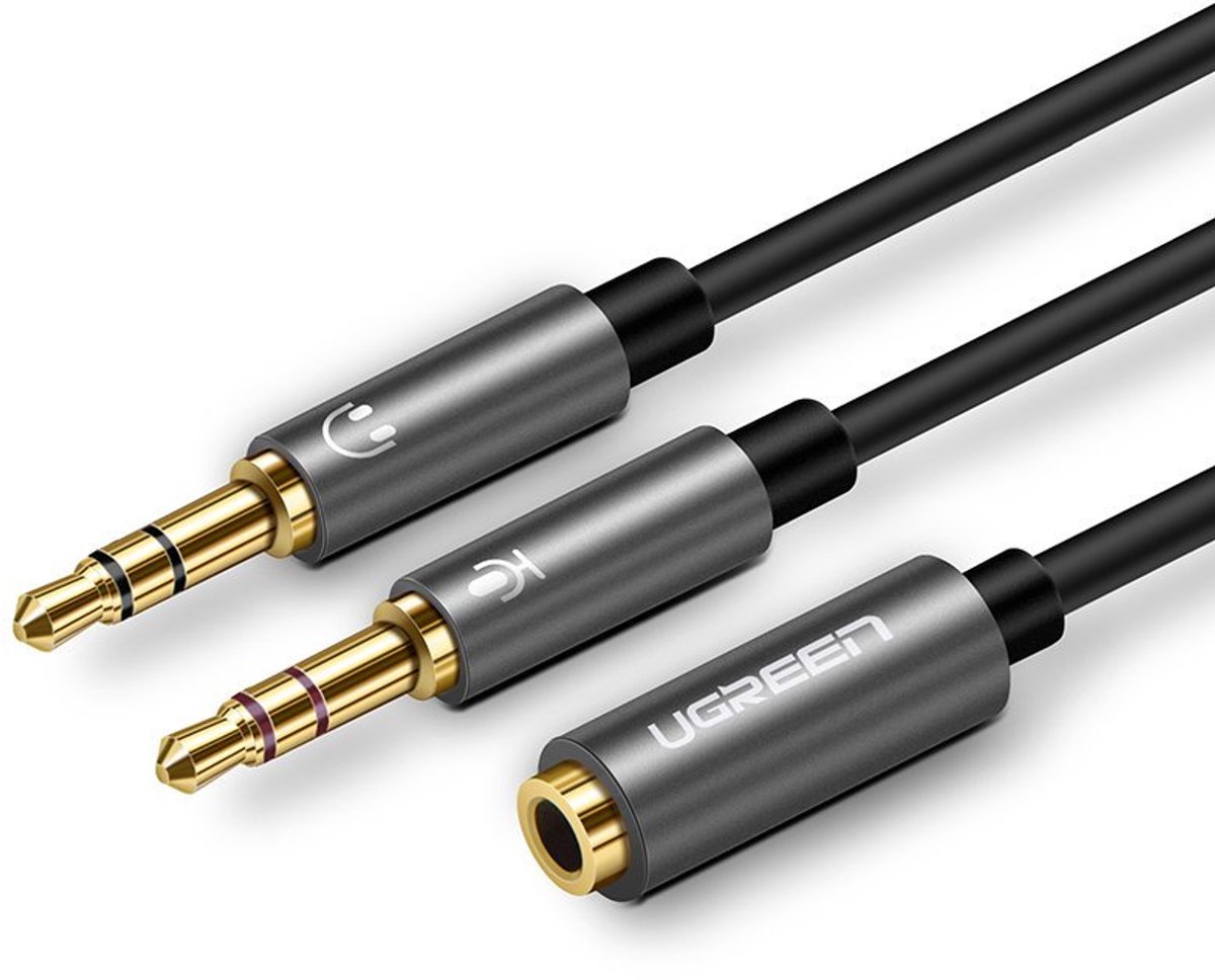 Ugreen Koptelefoon splitter 20cm kabel met Microfoon zwart - Female naar 2x Male 3.5mm audio jack - knoopvrij