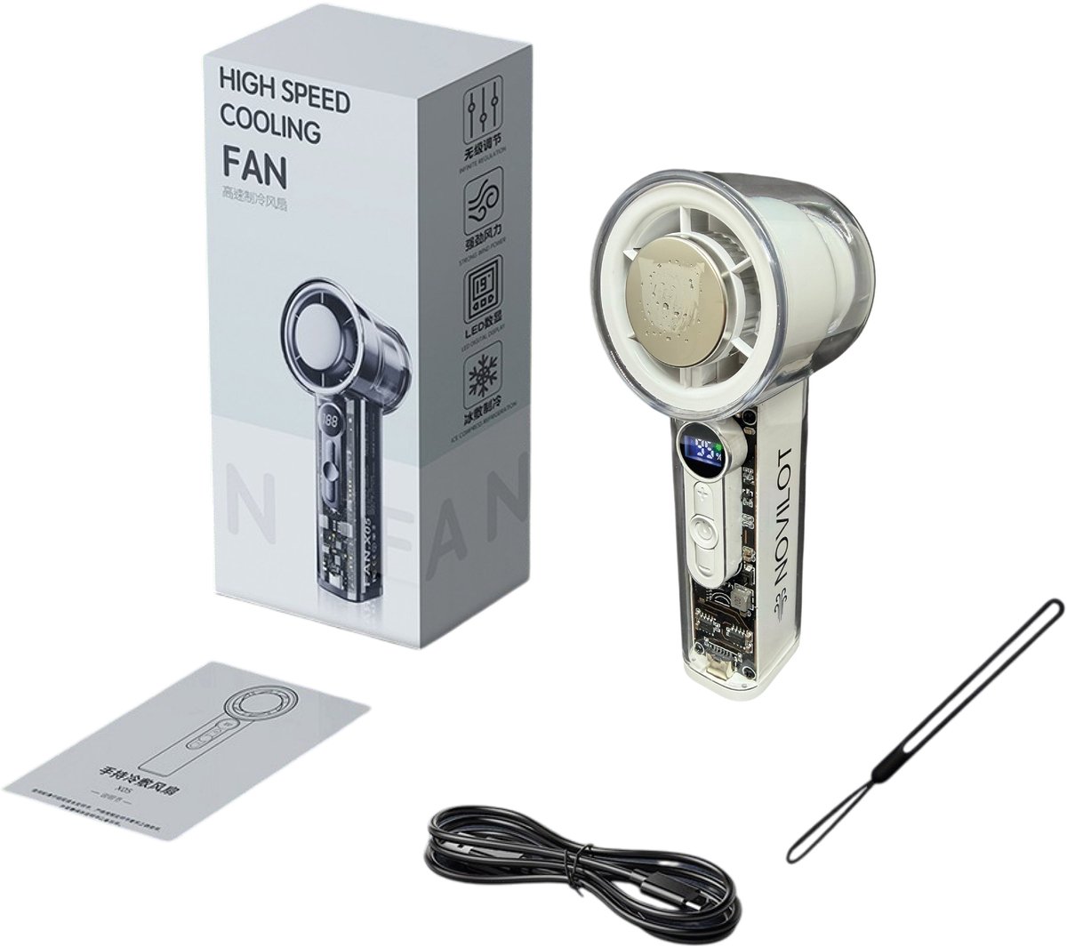 Novilot - Handventilator - Wit - Fan - Semiconductor Koeling - Oplaadbaar - 3000 mAh - Display - 100 Standen - Ventilator - Usb Oplaadbaar - Display