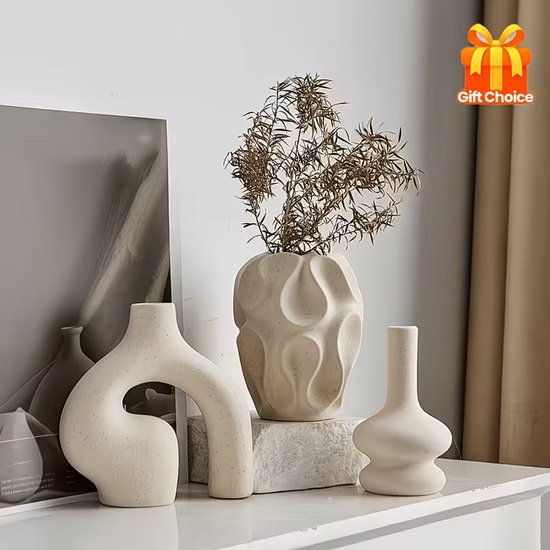 Set van 3 witte keramische boho vazen